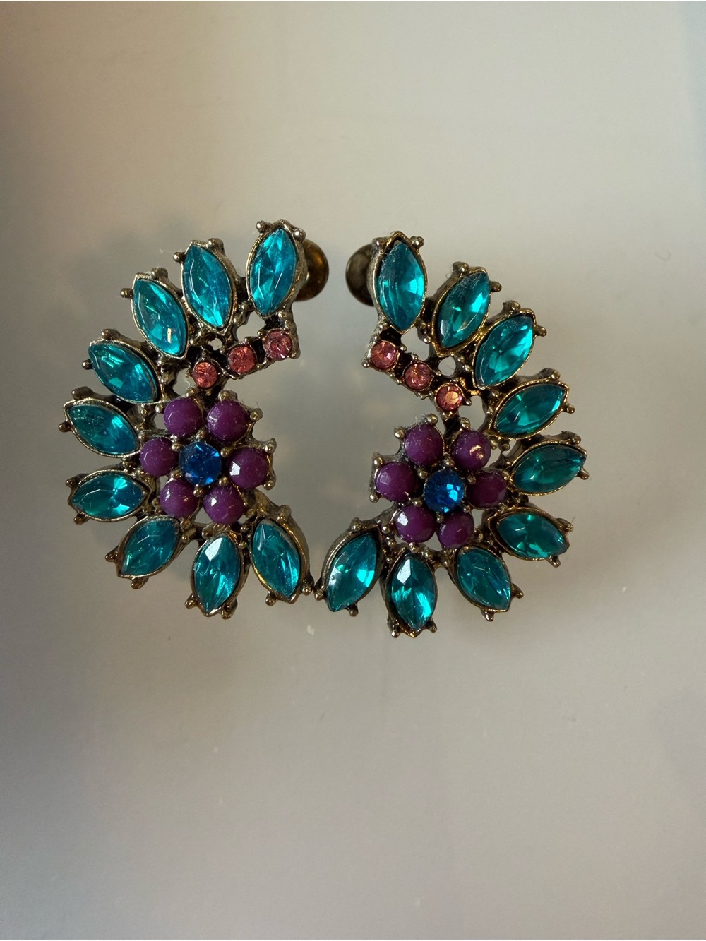 Teal and Purple Floral Crystal Hoop Earrings
